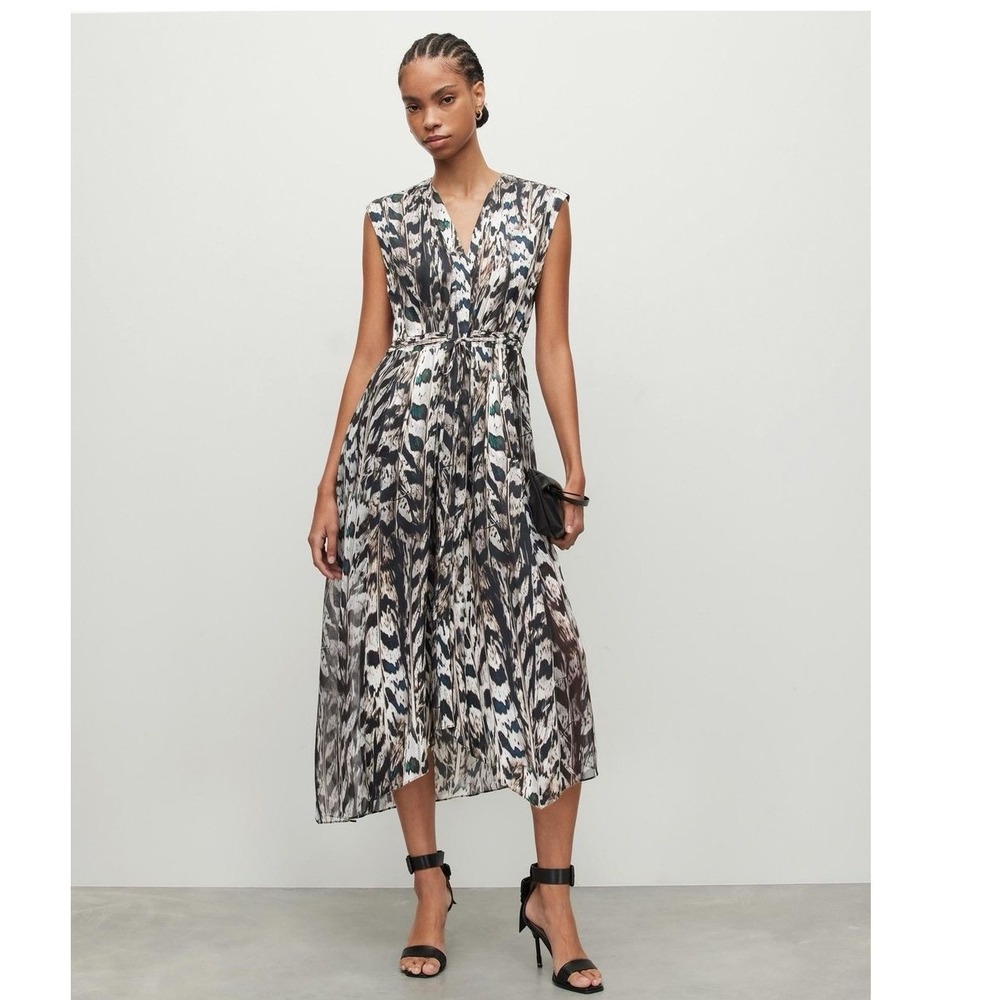 AllSaints Tate Sleeveless Midi Dress Black White US 8 UK 12 EU 40